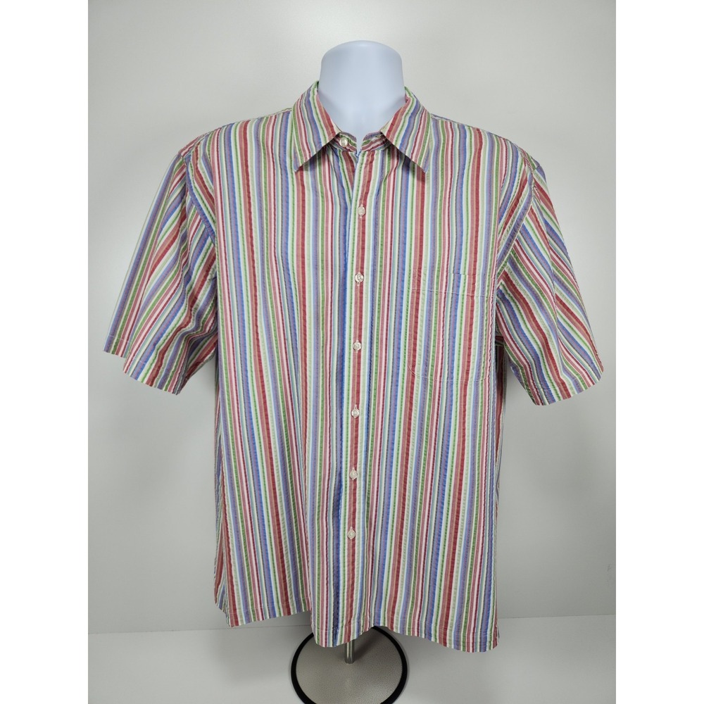 Lands End Mens Seersucker Button Up Shirt  XL 17-17.5‎ Striped Pastel Easter